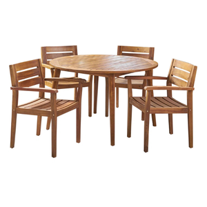 Ensemble de salle à manger d'extérieur en teck rond durable avec table en bois massif et chaises à accoudoirs à lattes modernes pour hôtel et appartement - Product Image 3