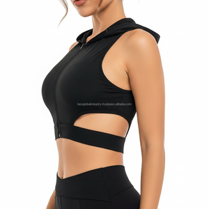 Sexy Hooded Sports <b>Bra</b> Cut Out Side Workout Crop Top Full Zip Sleeveless Gym Hoodie Athletic Yoga <b>Bra</b> Fashion Activewear - Product Image 1