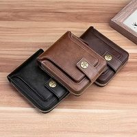 Dompet Kulit Asli Kapasitas Besar untuk Pria, Warna Hitam Solid, Penutup Ritsleting, Penggunaan Sehari-hari, Tempat Kartu dengan Jendela ID, Kantong Koin