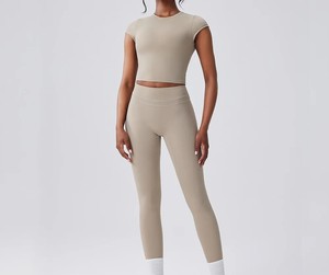 Ensemble de yoga pour femmes solide, respirant, à séchage rapide, 2 pièces, taille haute, en spandex/nylon, vêtements de sport - Product Image 6