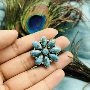 แหวนเทอร์ควอยซ์โมส925แหวนเงินสเตอร์ลิงทำมือแหวนครบรอบแหวนดีไซน์เนอร์แหวนสีเทอร์ควอยซ์แหวนดอกไม้สีเงิน - Product Image 1