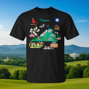 T-shirt avec carte touristique de la Virginie, points de repère et symboles célèbres, vêtements promotionnels des États-Unis - Product Image 2