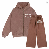 Conjunto de Sudadera con Capucha y Pantalones Deportivos con Lavado Ácido Personalizado, 100% Poliéster, Invierno, Color Sólido, Estilo Vintage, Sudadera con Capucha Gruesa de Forro Polar Transpirable, Unisex