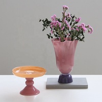 Vase en verre soufflé à la main Bixuan, moderne, rose, à bord festonné, avec piédestal pêche, pour fleurs, desserts, mariage