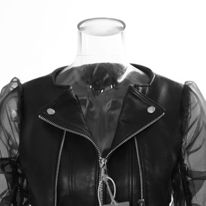 Chaqueta de Motociclista de Piel de Oveja Genuina para Mujer, Estilo Urbano, con Bordado, Tul Combinado, Cuello Redondo, Impermeable y Cortavientos - Product Image 3