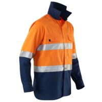 Chemise de travail à manches longues haute visibilité pour homme, orange marine, bandes réfléchissantes, bordure contrastée, polyester tissé, coupe classique