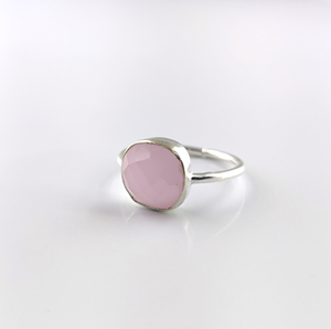 Anillos de Calcedonia rosa, forma de cojín de 10mm, corte rosa, juego de intercalación de Plata de Ley 925, anillos ajustables hechos a mano, anillos de plata maciza - Product Image 2