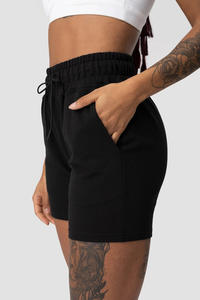 Short décontracté en coton noir pour femme avec cordon de serrage | Short polaire de coupe décontractée avec poches - Product Image 2