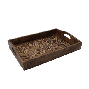Plateau de service en bois fini naturel Bords sculptés Serveur de collation fantaisie en bois naturel Fournitures de plateau en bois rustique - Product Image 2