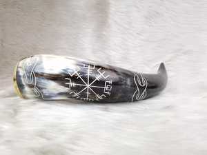 Corne de buffle naturelle de qualité indienne buvant corne de Viking sculptée conception animale antique support en fer poli décoratif - Product Image 2