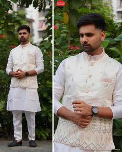 Listo para usar Fiesta DE BODA Ropa casual Hombres Banglori Silk Kurta & Bottom con diferente patrón de manga Stitch - Product Image 4