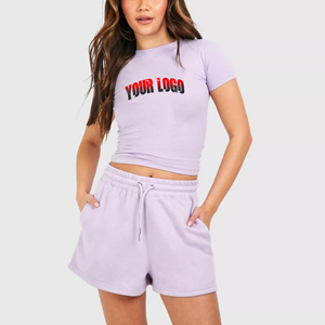 Haute qualité 100% coton femmes décontracté deux pièces haut court et surdimensionné ensemble personnalisé imprimé logo confortable dames ensemble - Product Image 6