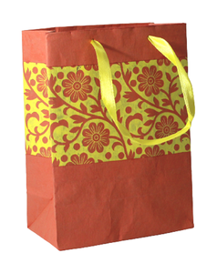 Sac en papier d'art en coton recyclé fait à la main avec impression à l'encre tout autour des poignées de ruban de satin assorties pour les festivals et les cadeaux - Product Image 2