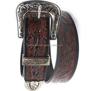 Holesale Supply-cinturón occidental de cuero genuino para hombre y mujer, accesorio de mano con hebilla floral chapada en níquel extraíble de 3 piezas - Product Image 3