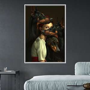 Mujer gótica con dobermans: arte impreso en lienzo con retrato femenino oscuro, lienzo con marco blanco - Product Image 1