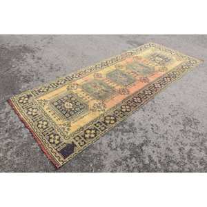 Tapis traditionnel en laine patchwork jaune noir fait à la main 4.3x10.9 pieds Rectangle en latex pour salon chambre couloir Style turc - Product Image 3