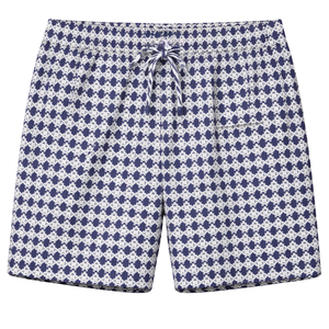 Shorts de bain recyclés pour hommes, motif géométrique inspiré du tigre, bleu marine, séchage rapide, avec poches à la taille élastique - Product Image 1