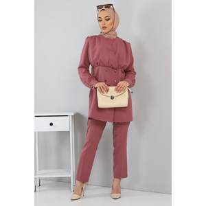 Traje de Pantalón Midi Largo para Mujer con Detalle de Botones y Rosas 10743 - Blazer de Cuello Cuadrado Formal de Oficina con Decoración de Plumas XS Holgado - Product Image 4