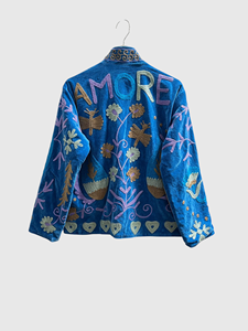 Blue Velvet Embroidered Jacket Mandarin Collar Full Sleeve Plus Size Women'<b>s</b> Floral Pattern Hand Embroidery Autumn Wear - Product Image 2