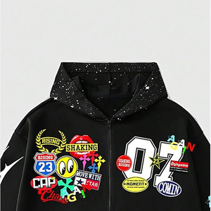 High Quality <b>black</b> <b>zip</b>-<b>up</b> <b>hoodie</b> with a bold colorful streetwear graphic design featuring patch style logos numbers - Product Image 3