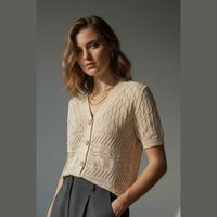 Cardigan en coton biologique pour femme - Cardigan à manches courtes en tricot ajouré - Blouse durable ajourée avec boutons