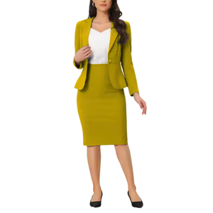 Ensemble tailleur-pantalon pour femme, style business décontracté, blazer à revers cranté et jupe crayon, manches longues, coupe ajustée, motif uni - Product Image 2