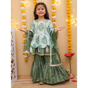 Costume pour enfants filles Kurta Eid Sharara Lehenga Dupatta Gota dentelle tissu coton cambrique ethnique mariage fête robe pour enfants - Product Image 1