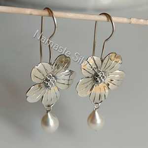 Pearl <b>Dangle</b> <b>Earrings</b> : 925 <b>Sterling</b> <b>Silver</b> Flower Handmade June Birthstone Gift - Product Image 3
