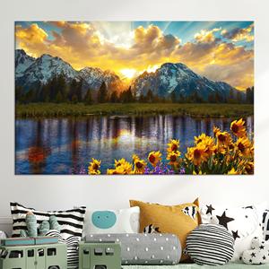Impresión en Lienzo de Atardecer en la Montaña: Decoración Natural con Vista al Lago y Flores Silvestres, Lienzo Enrollado - Product Image 1