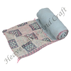 Indian Decorative Printed Kantha Quilted <b>Bedspread</b> Indian Handmade Block Print Kantha Quilt Ethnic Boho Quilt Indian Reversible - Product Image 6