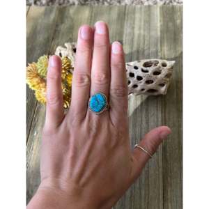 Navajo Handmade <b>Statement</b> <b>Ring</b> Kingman Turquoise Sterling <b>Silver</b> Size 9 Everyday Wear Gemstone <b>Ring</b> Natural Stone Inlay Setting - Product Image 2