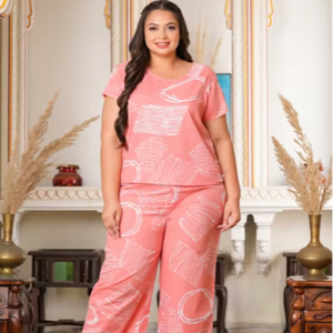 Pyjama en coton pour femmes, imprimé géométrique, manches courtes, col rond, confortable, coupe décontractée, vêtements de nuit, couleur rose - Product Image 1