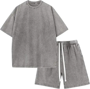 Ensemble de sport décontracté d'été pour homme, t-shirt à manches courtes et short, ensemble deux pièces tendance, haute qualité, lavage à l'acide, 100% coton - Product Image 5