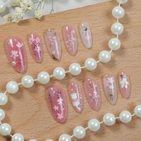 30 faux ongles à presser, forme amande moyenne, motif fleur rose pêche, avec strass 3D, perles et paillettes dorées, vente en gros