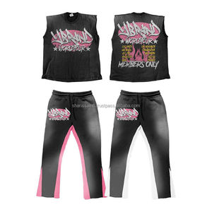 Logotipo personalizado Lavado ácido Jogger Flare Pantalones de chándal Cremallera Sudadera con capucha Hombres Lavado ácido Traje de sudor - Product Image 3