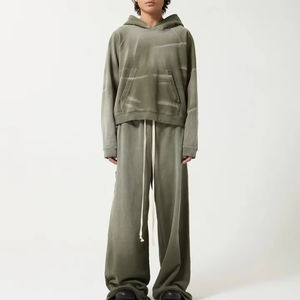 Chándal para hombre, pantalones de chándal acampanados con lavado ácido Vintage y conjuntos de Sudadera con capucha, ropa de calle bordada para hombre, chándal, traje recortado con diamantes de imitación - Product Image 3