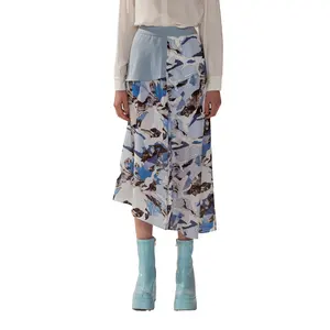 Landscape Print Long Skirt With Multi-Level Design And Asymmetrical Hem