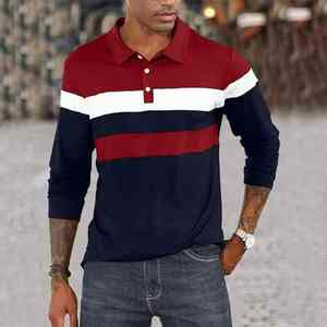 Polo à manches longues pour homme Polo slim décontracté avec revers et contraste de couleur à base micro élastique Chemise en coton pour homme - Product Image 6