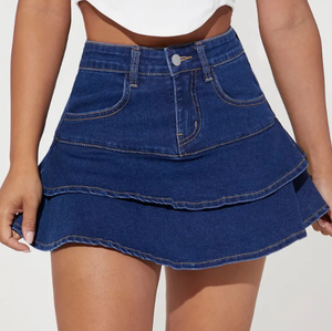 High Quality Women Blue Jeans <b>Belt</b> Pleated Denim Skirt Causal Washed Mini Skirt For Summer - Product Image 5