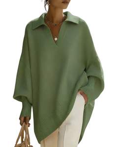 Pull en tricot à col en V surdimensionné pour femmes, personnalisé par le fabricant, vert, coupe ample, manches longues, doux, pull d'hiver décontracté, haut tendance - Product Image 1