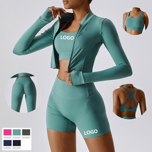 Conjuntos de yoga y fitness con logotipo personalizado OEM para mujer, ropa deportiva sin costuras de talla grande, sujetador, pantalones cortos, mallas para entrenamiento, ropa de gimnasio - Product Image 1