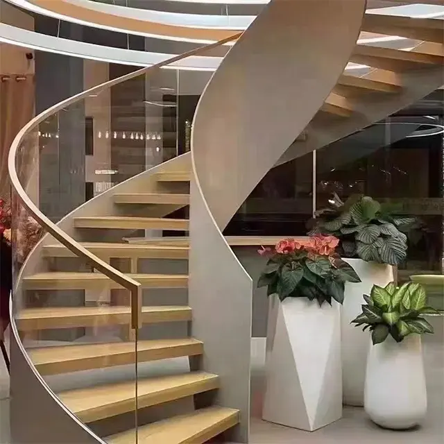 Spiral staircase beech wood treads curved stair solid wood steps stairway glass rail steel railing indoor modern stairs