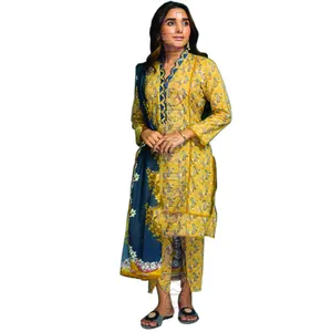 Wholesale Indian Pakistani Style 3 piece Stitched Lawn Suits In Yellow Color With V Neck Shirt and Matching Printed Trouser