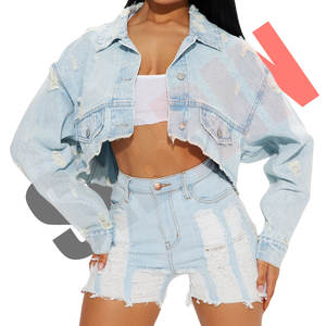 100% algodón última chaqueta de mezclilla lavada ligera chaqueta rasgada de mujer chaqueta recortada de mujer con cuello no elástico desgastante - Product Image 1