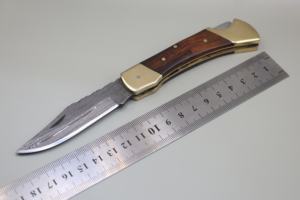 Cuchillo de Bolsillo Plegable de Acero de Damasco de Alta Calidad, Hoja de Punta Caída, Borde Recto, Mango de Madera, 18 cm - Product Image 2