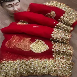 Одежда для вечеринок, дизайнерская вышитая сетчатая шелковая Цветочная индийская Женская одежда, Красное Сари с блузкой, жемчужина, Работа Сари