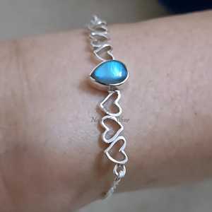Bracelet en labradorite en forme de larme, chaîne en argent sterling 925 avec pendentif cœur - Product Image 1