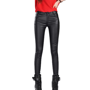 กางเกงหนังหรูหราสำหรับผู้หญิงเอวต่ำสไตล์ฮิปฮอปสีดำแบนการออกแบบผ้าใบแฟชั่นฤดูหนาวสวมใส่สบาย - Product Image 4