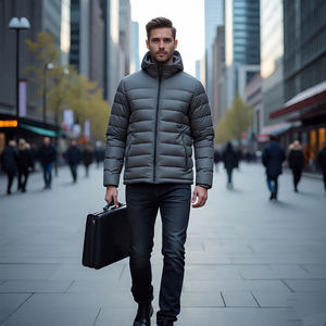 แจ็กเก็ตขนเป็ดสีล้วนสำหรับผู้ชาย, แจ็กเก็ตทรงพองคอตั้งแฟชั่นกลางแจ้งลำลองสำหรับผู้ชาย - Product Image 4