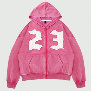 Custom Luxury Heavyweight 100% Cotton Patch Embroidered Zip <b>Hoodie</b> Streetwear Acid Wash High Quality Embroidery <b>Hoodie</b> - Product Image 1